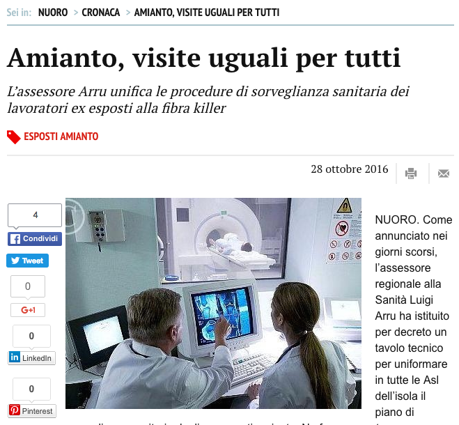 L’assessore Arru unifica le procedure di sorveglianza sanitaria dei lavoratori ex esposti alla fibra killer in Sardegna.