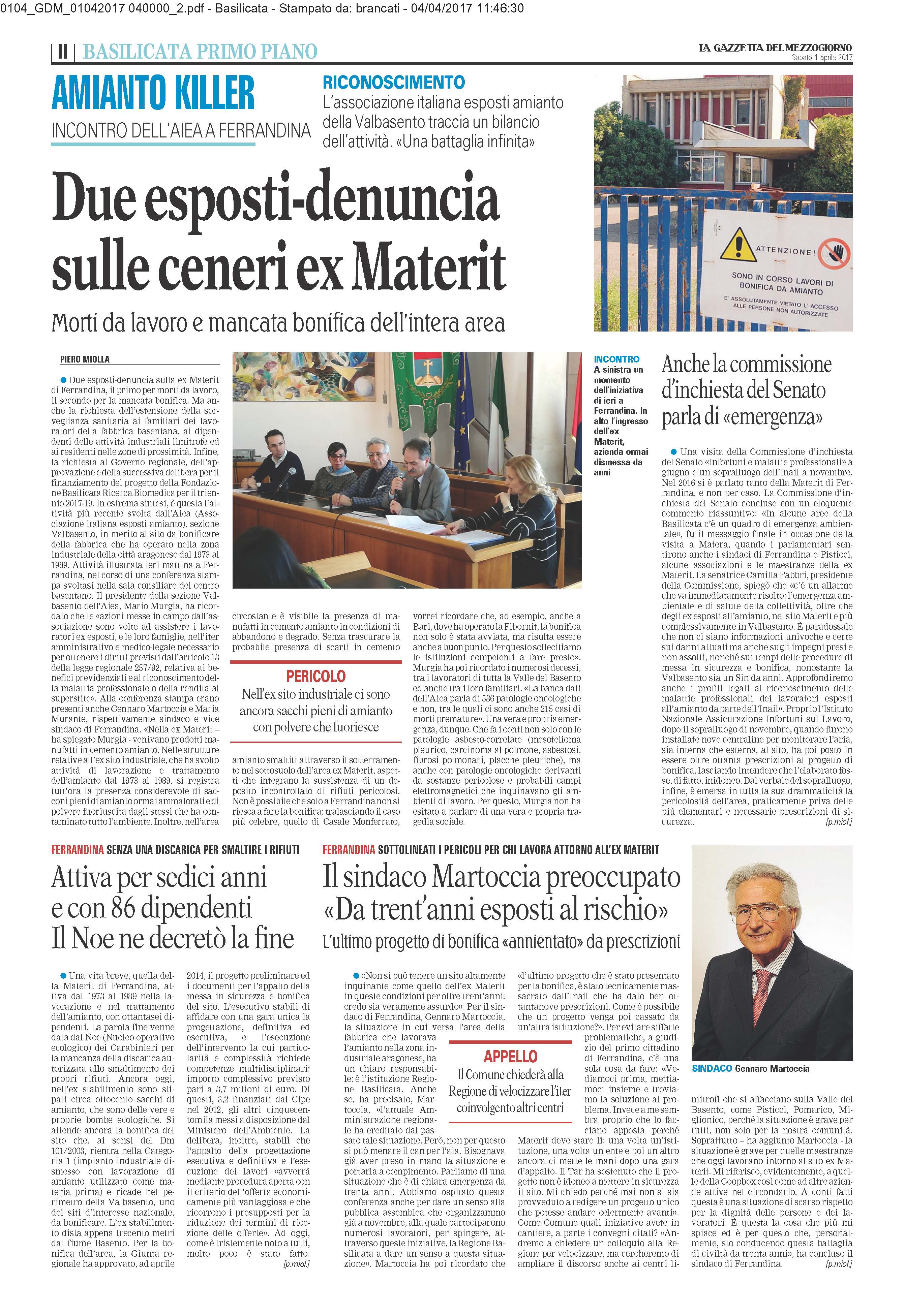 Venerdì 31 marzo, nella sala Consiliare del Comune di Ferrandina, l'Associazione esposti amianto Val Basento ha incontrato la stampa per un focus dettagliato sulla vertenza amianto in Basilicata.